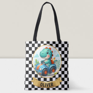 Cute Dinosaur Driving a Race Car Tote Bag