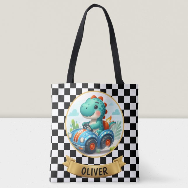 Cute Dinosaur Driving a Race Car Tote Bag (Creator Uploaded)