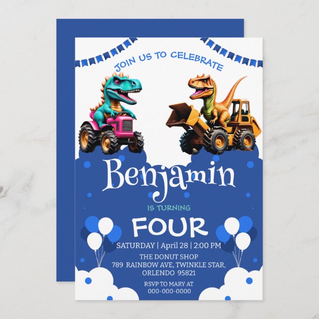 Cute dinosaur Excavator tractor balloon Birthday  (Front/Back)