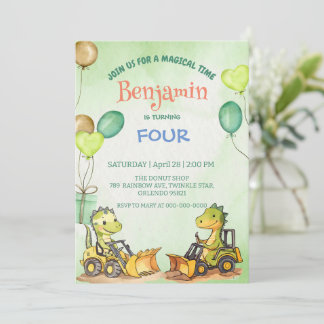 Cute dinosaur Excavator tractor balloon Birthday Invitation