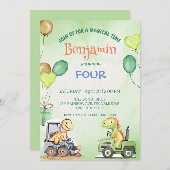 Cute dinosaur Excavator tractor balloon Birthday Invitation (Front/Back)