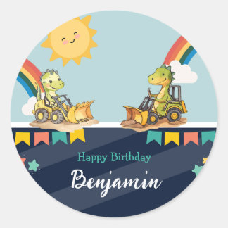 Cute dinosaur Excavator tractor rainbow Birthday  Classic Round Sticker