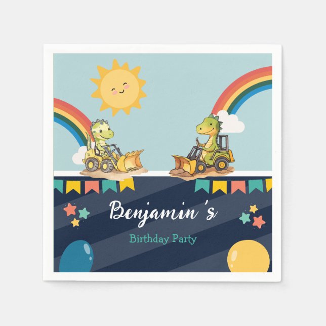 Cute dinosaur Excavator tractor rainbow Birthday  Napkin (Front)