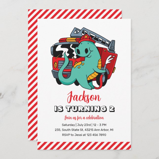 Cute Dinosaur Firefighter Kids Dino Birthday Invitation (Front/Back)