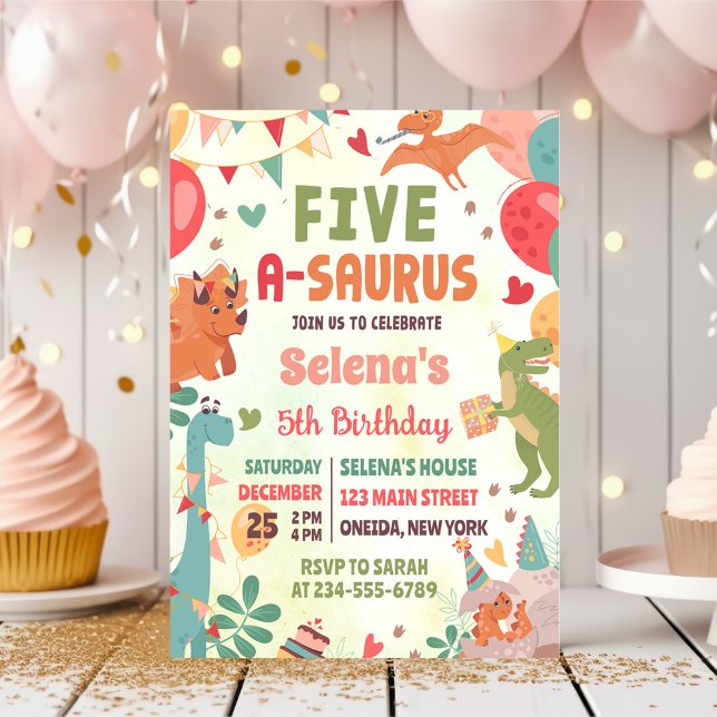 Cute Dinosaur Five-A-Saurus 5th Birthday Party Invitation (Creator Uploaded)