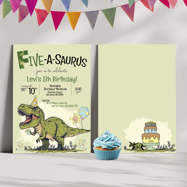 Cute Dinosaur Five-A-Saurus 5th Birthday Party Invitation (Cute Dino Cartoon T-Rex Dinosaur theme Five-A-Saurus Fifth 5th birthday party invitation, green, boy)
