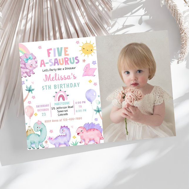 Cute Dinosaur Five-A-Saurus 5th Birthday Photo Invitation (Creator Uploaded)