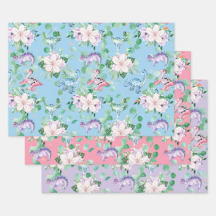 Cute dinosaur floral illustration kids party wrapping paper sheet