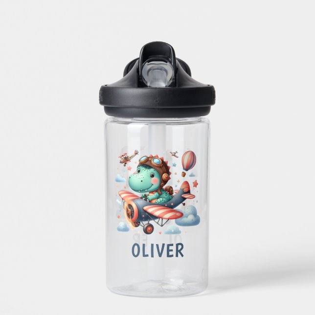 Cute Dinosaur Flying a Charming Biplane Water Bottle (Front)