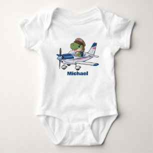 Cute Dinosaur Flying Cessna Aeroplane, Personalise Baby Bodysuit