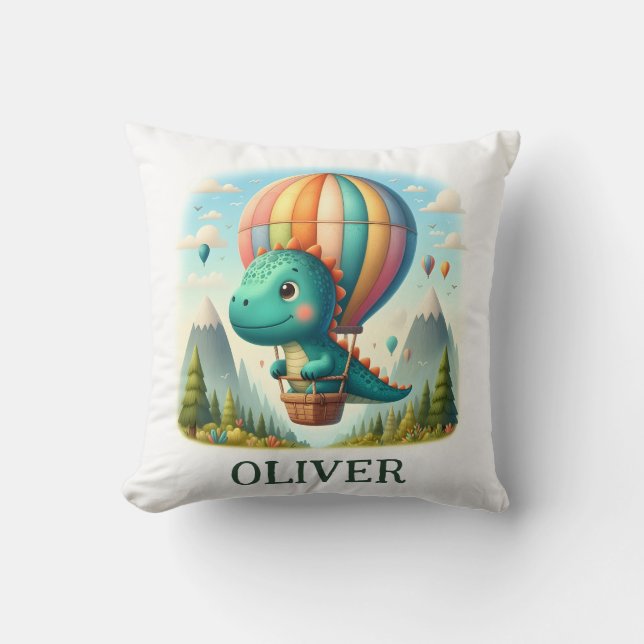 Cute Dinosaur Flying in a Hot Air Balloon Cushion (Front)