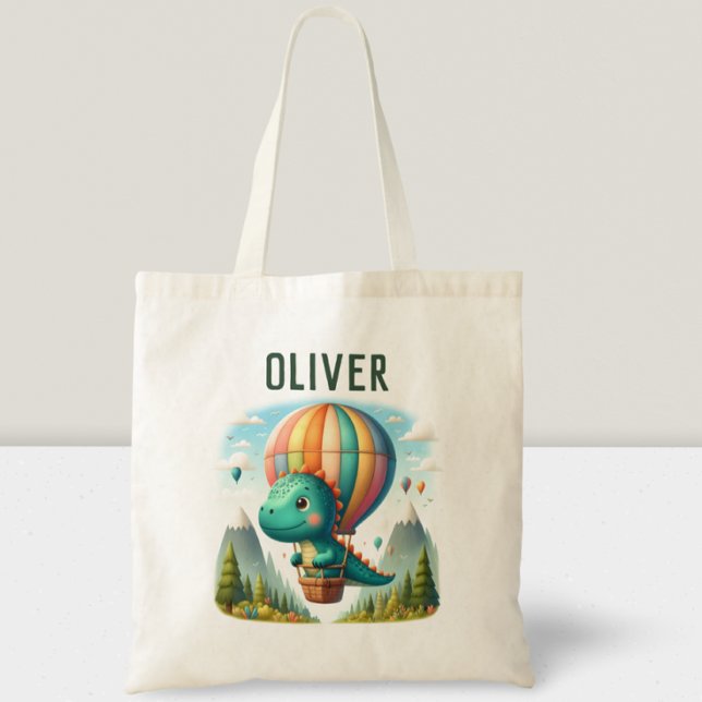 Cute Dinosaur Flying in a Hot Air Balloon Tote Bag (Creator Uploaded)