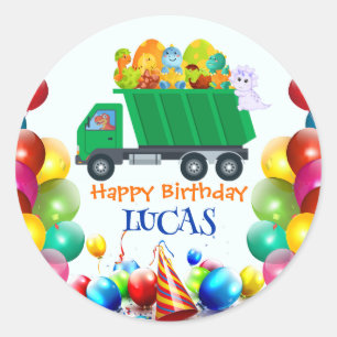 Cute Dinosaur garbage truck balloon birthday boy  Classic Round Sticker