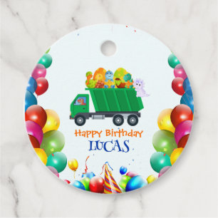Cute Dinosaur garbage truck balloon birthday boy  Favour Tags