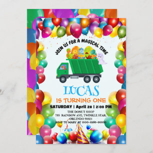 Cute Dinosaur garbage truck balloon birthday boy  Invitation