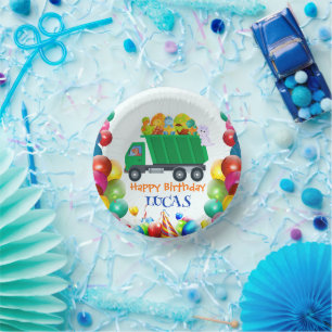 Cute Dinosaur garbage truck balloon birthday boy  Paper Plate