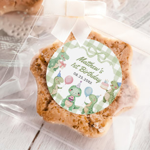 Cute Dinosaur Gingham 1st Birthday Party Classic Round Sticker