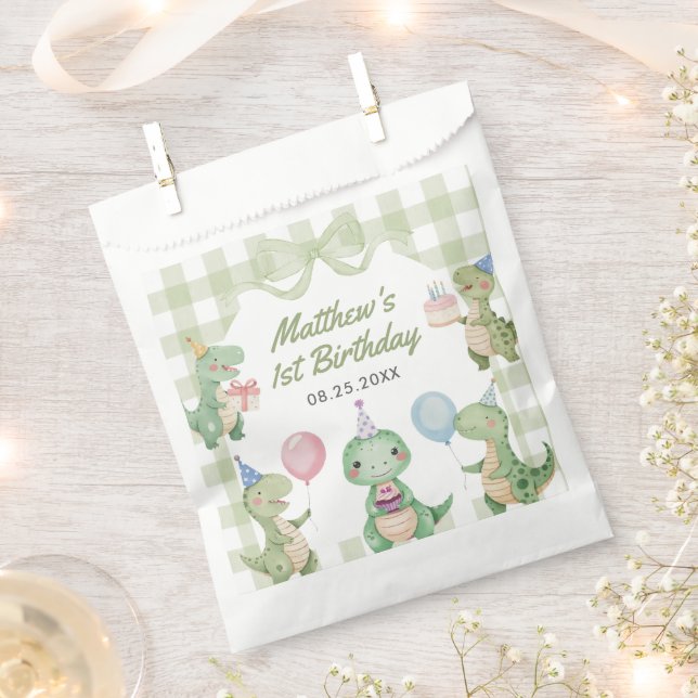 Cute Dinosaur Gingham 1st Birthday Party Favour Bag (Clipped)