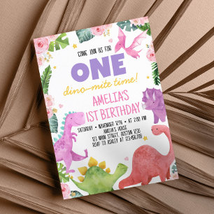 Cute Dinosaur Girl 1st Birthday Invitation