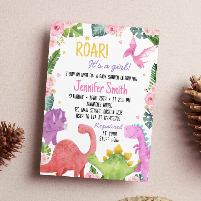 Cute Dinosaur Girl Baby Shower Invitation (Creator Uploaded)
