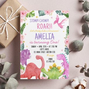 Cute Dinosaur Girl Birthday Party Invitation