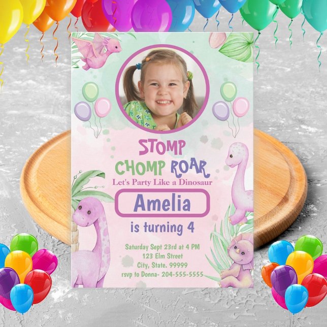 Cute Dinosaur Girl Birthday Photo Invitation (Creator Uploaded)