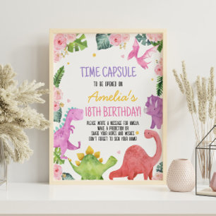 Cute Dinosaur Girl Birthday Time Capsule Sign
