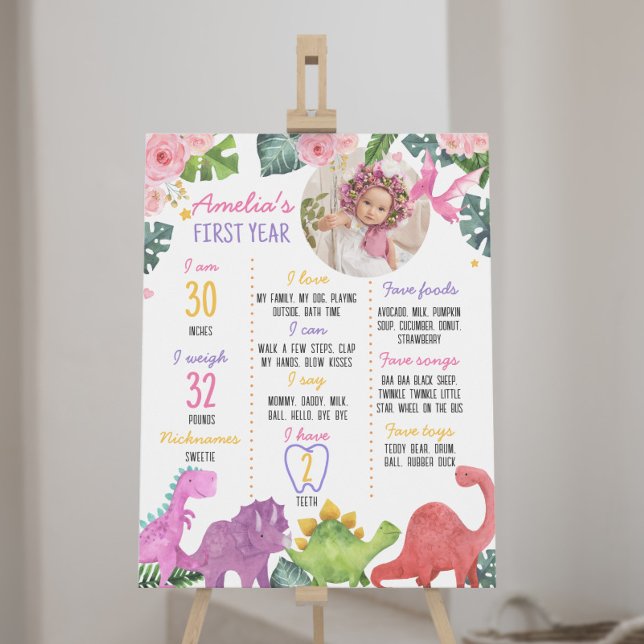 Cute Dinosaur Girl First Birthday Milestone Sign (Creator Uploaded)