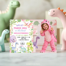Cute Dinosaur Girl Three Rex Birthday Photo