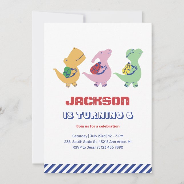 Cute Dinosaur Going To School Kids Birthday Invitation (Front)