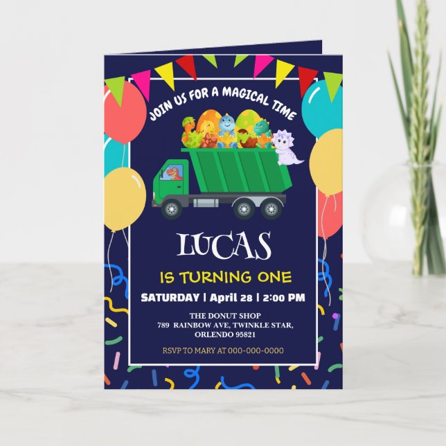 Cute Dinosaur Green garbage truck birthday boy kid Invitation (Front)