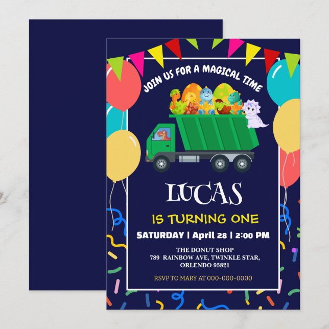 Cute Dinosaur Green garbage truck birthday boy kid Invitation (Front/Back)