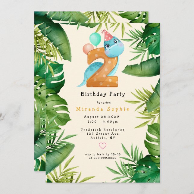 Cute Dinosaur Green Leaves 2nd Birthday Party Invitation (Front/Back)