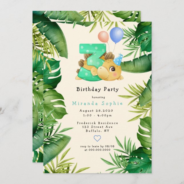 Cute Dinosaur Green Leaves 3rd Birthday Party Invitation (Front/Back)