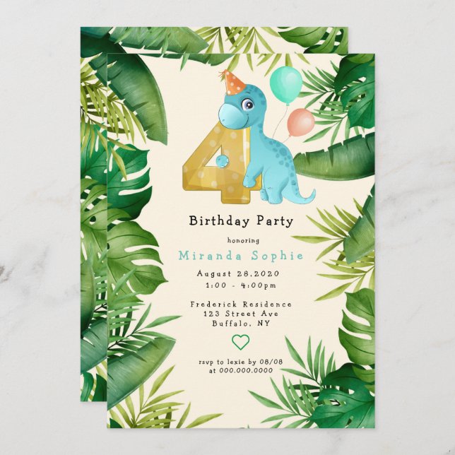 Cute Dinosaur Green Leaves 4th Birthday Party Invitation (Front/Back)