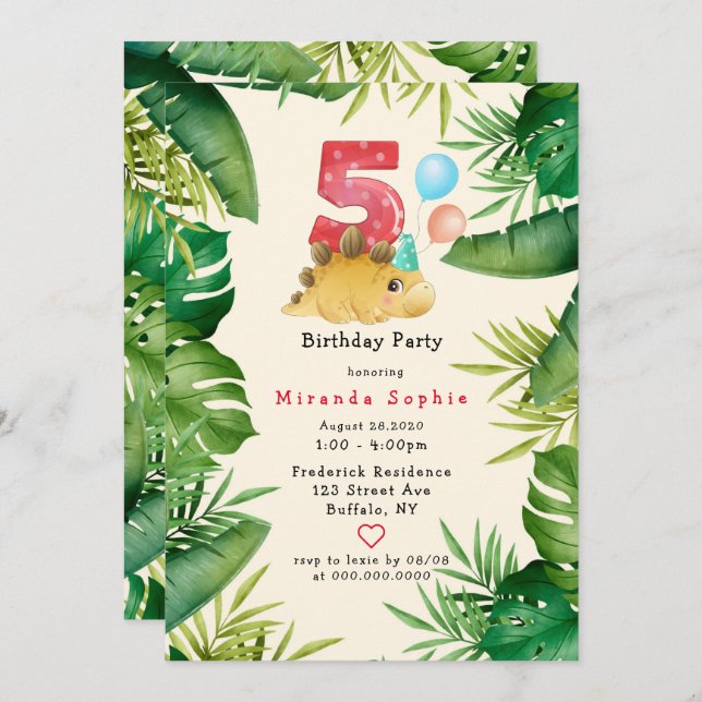 Cute Dinosaur Green Leaves 5th Birthday Party Invitation (Front/Back)