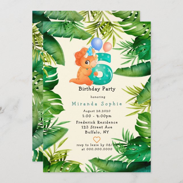 Cute Dinosaur Green Leaves 6th Birthday Party Invitation (Front/Back)