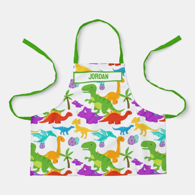 Cute Dinosaur Green Purple Kids Prehistoric Apron (Front)