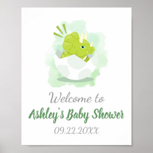 Cute Dinosaur Green Watercolor Baby Shower Welcome Poster