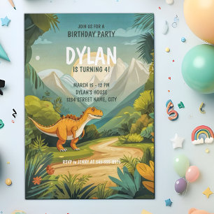 Cute Dinosaur Greenery 4th Birthday Party Invitation