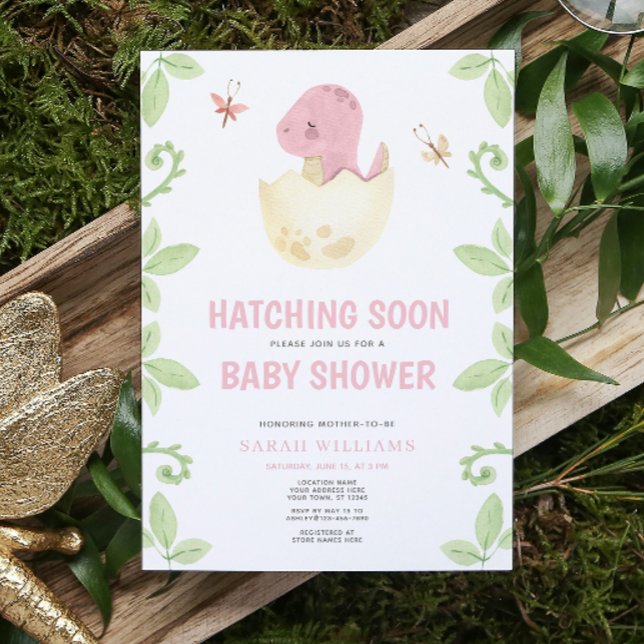 Cute Dinosaur Hatching Soon Pink Girl Baby Shower Invitation (Get ready for a Jurassic celebration with our adorable dinosaur baby shower invitations! 🦕)