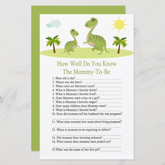 Cute Dinosaur how well do you know baby showergame (Front/Back)