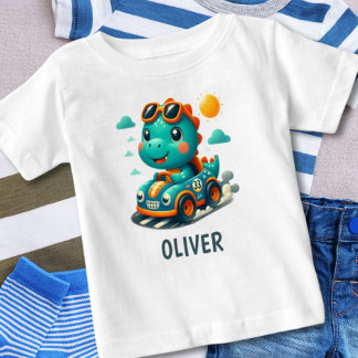 Cute Dinosaur in a Racing Car Personalised Baby T-Shirt