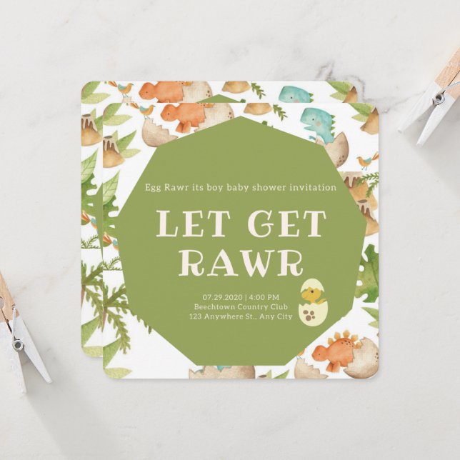 cute dinosaur in egg rawr a boy shower invitation (Front/Back In Situ)