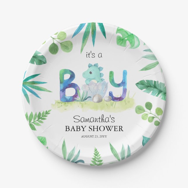 Cute Dinosaur 'It's a Boy' Baby Shower  Paper Plate (Front)