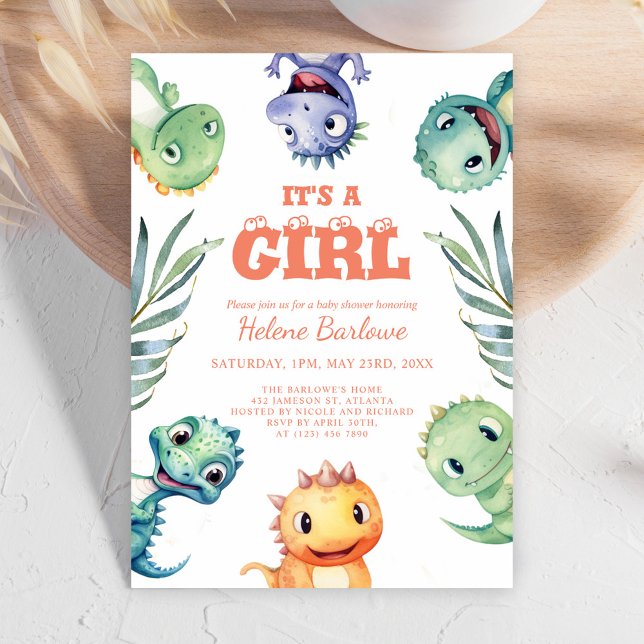 Cute Dinosaur It's A Girl Baby Shower Invitation (Cute Dinosaur It's A Girl Baby Shower Invitation)