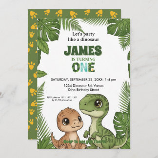 Cute Dinosaur Jungle First Birthday Invitation