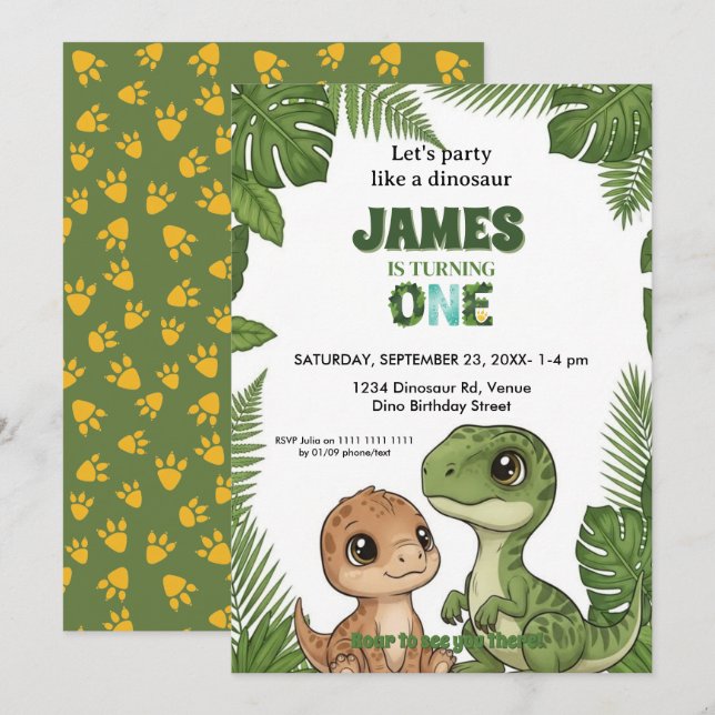 Cute Dinosaur Jungle First Birthday Invitation (Front/Back)