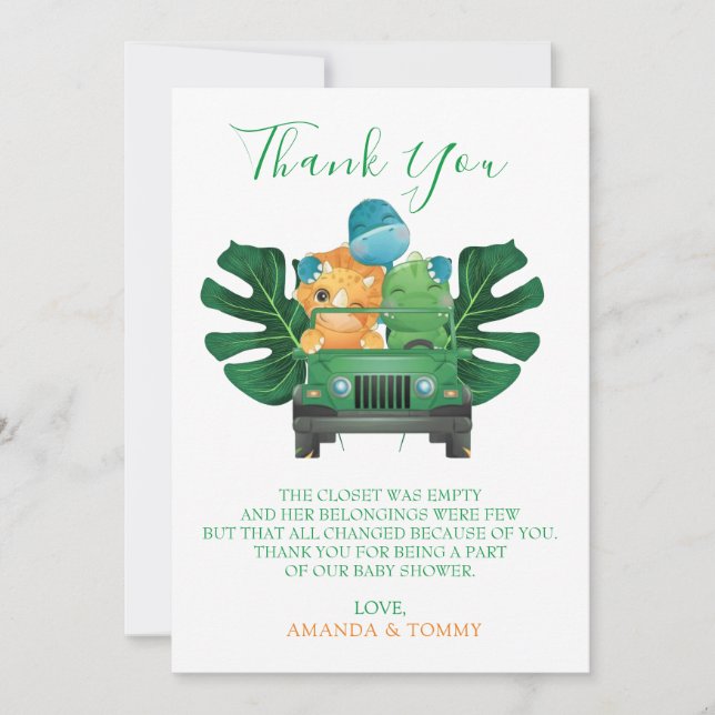 Cute Dinosaur Jungle Safari Baby Shower Thank You Card (Front)