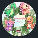 Cute dinosaur jungle School kid birthday party boy Classic Round Sticker<br><div class="desc">Cute dinosaur jungle School kid birthday party boy</div>